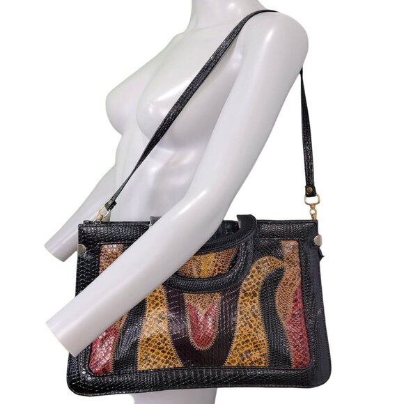 Vintage 80s Leather Satchel Bag Handle Large Purse Handbag Women Black Red Snake - Picture 3 of 16